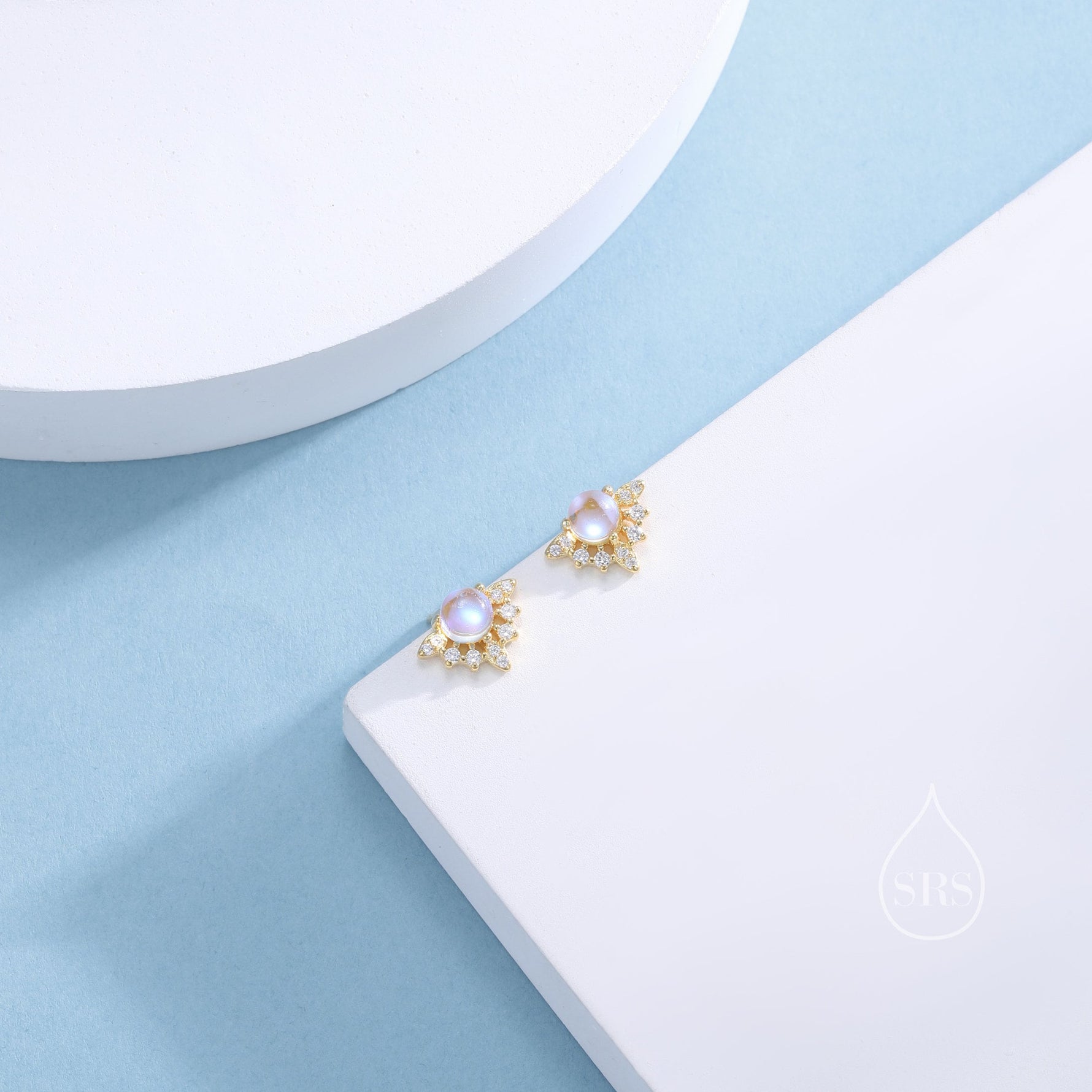 Vintage Inspired Moonstone Flower CZ Stud Earrings, Lab Moonstone Halo CZ Earrings, Simulated Moonstone Earrings