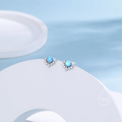 Vintage Inspired Blue Opal Flower CZ Stud Earrings, Lab Opal Halo CZ Earrings, Simulated Opal Earrings