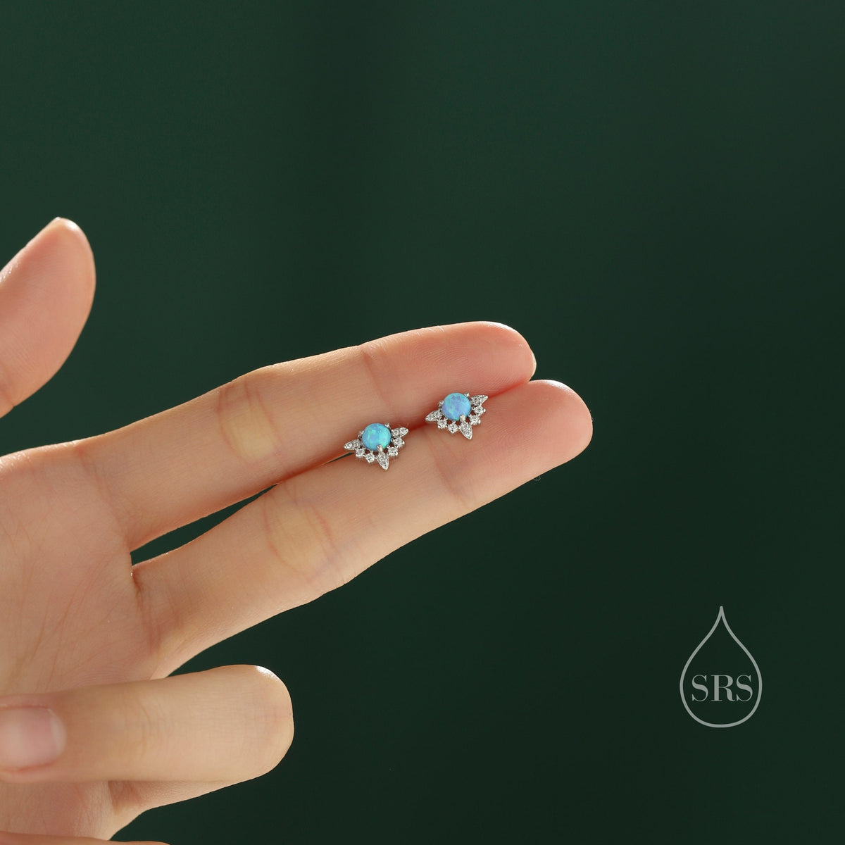Vintage Inspired Blue Opal Flower CZ Stud Earrings, Lab Opal Halo CZ Earrings, Simulated Opal Earrings