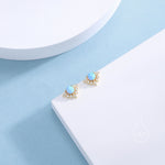Vintage Inspired Blue Opal Flower CZ Stud Earrings, Lab Opal Halo CZ Earrings, Simulated Opal Earrings