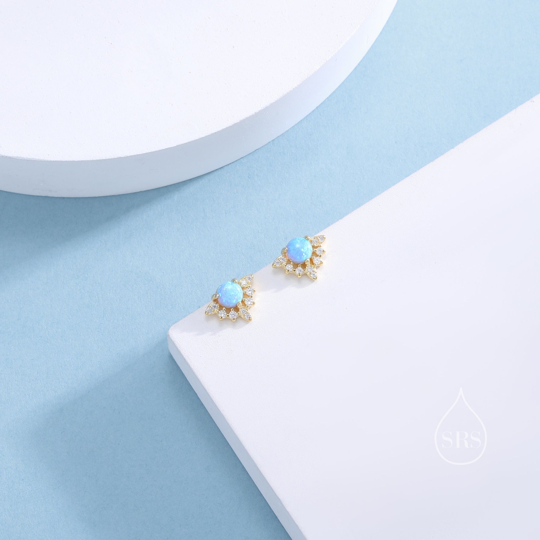 Vintage Inspired Blue Opal Flower CZ Stud Earrings, Lab Opal Halo CZ Earrings, Simulated Opal Earrings