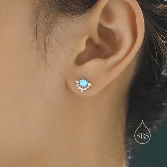 Vintage Inspired Blue Opal Flower CZ Stud Earrings, Lab Opal Halo CZ Earrings, Simulated Opal Earrings