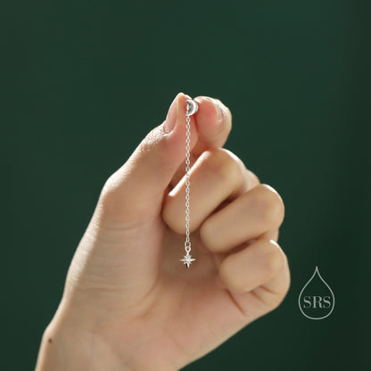 Moon and Star CZ Dangle Earrings in Sterling Silver, Moon and Starburst CZ Dangle Earrings, Silver, Gold or Rose Gold, Front and Back