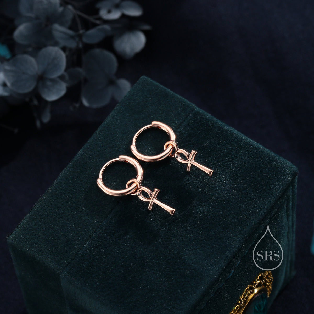 Ankh Huggie Hoop Earrings in Sterling Silver, Silver, Gold or Rose Gold, Egyptian Hieroglyphics Earrings, Ankh Earrings, Detachable Charms
