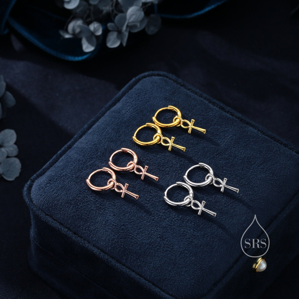 Ankh Huggie Hoop Earrings in Sterling Silver, Silver, Gold or Rose Gold, Egyptian Hieroglyphics Earrings, Ankh Earrings, Detachable Charms