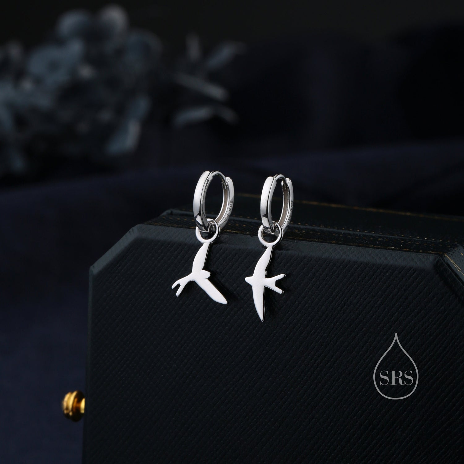 Sterling Silver Asymmetric Flying Bird Dangle Huggie Hoops, Detachable Bird Hoop Earrings, Detachable Swallow Bird Hoop Earrings