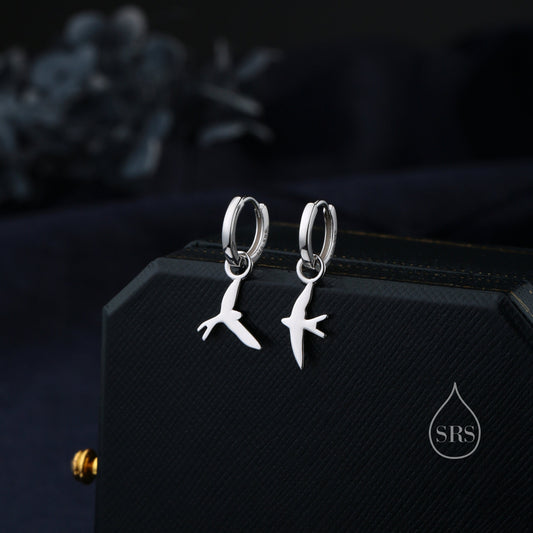 Sterling Silver Asymmetric Flying Bird Dangle Huggie Hoops, Detachable Bird Hoop Earrings, Detachable Swallow Bird Hoop Earrings