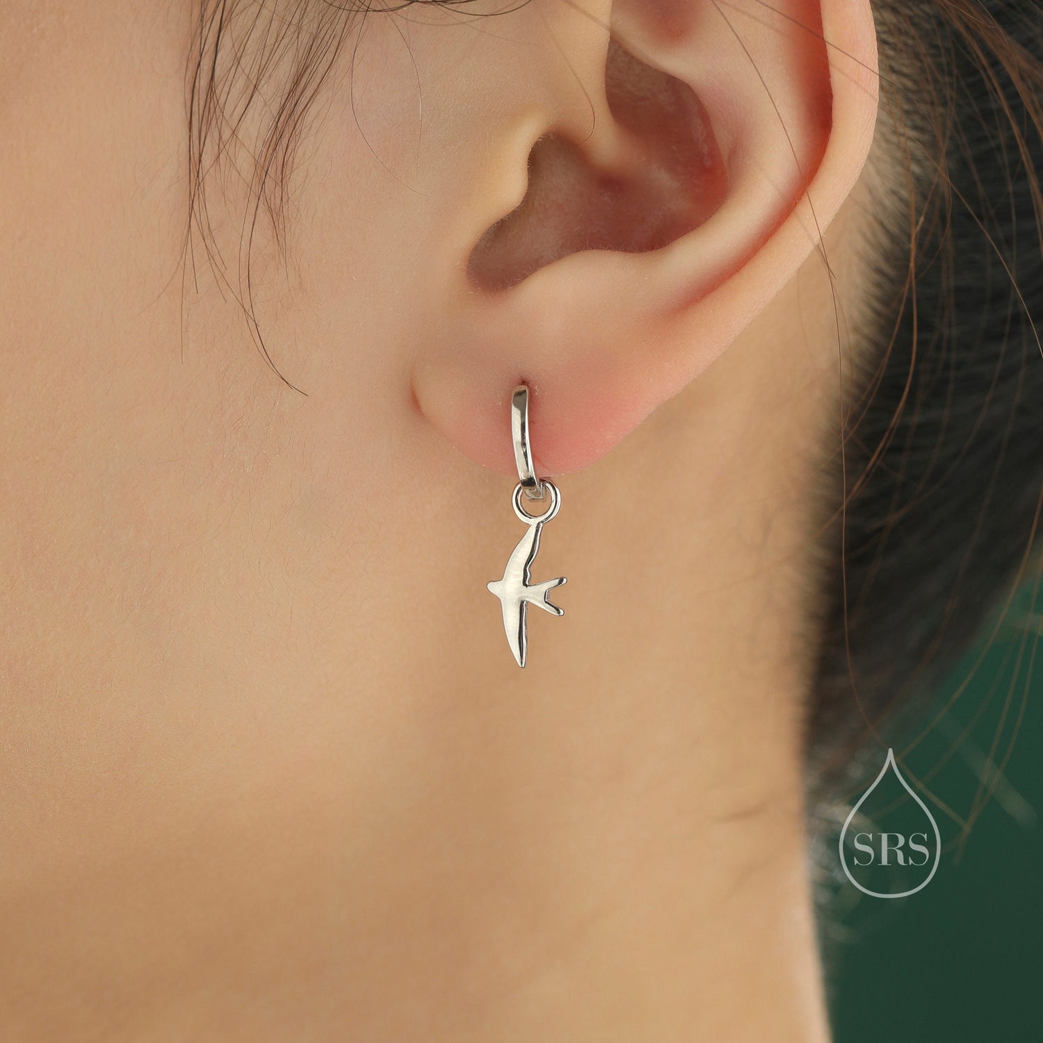 Sterling Silver Asymmetric Flying Bird Dangle Huggie Hoops, Detachable Bird Hoop Earrings, Detachable Swallow Bird Hoop Earrings