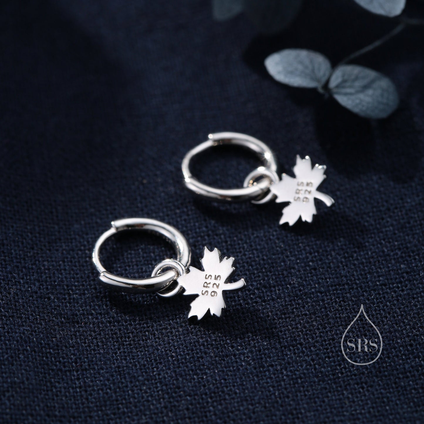 Delicate Maple Leaf Charm Huggie Hoop Earrings in Sterling Silver, Silver, Gold or Rose Gold, Maple Leaf Charm Huggies Hoops, Detachable