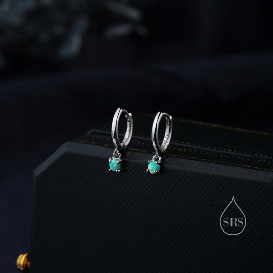 Tiny Aqua Green Opal Huggie Hoop Earrings in Sterling Silver, 3mm Lab Moonstone Hoops, Silver or Gold or Rose Gold, Lab Opal Earrings