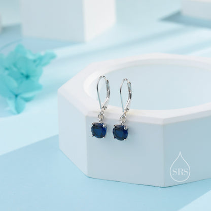 Sapphire Blue CZ Lever Back Hoop in Sterling Silver, 2 Sizes Available, 6mm or 6.5mm, Minimalist Simple Crystal Leverback Hoop Earrings