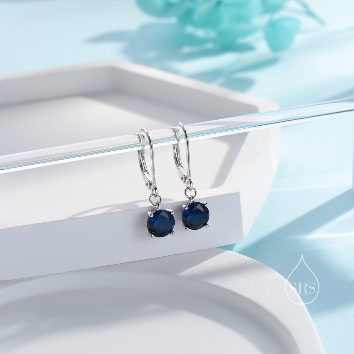 Sapphire Blue CZ Lever Back Hoop in Sterling Silver, 2 Sizes Available, 6mm or 6.5mm, Minimalist Simple Crystal Leverback Hoop Earrings
