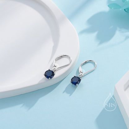 Sapphire Blue CZ Lever Back Hoop in Sterling Silver, 2 Sizes Available, 6mm or 6.5mm, Minimalist Simple Crystal Leverback Hoop Earrings