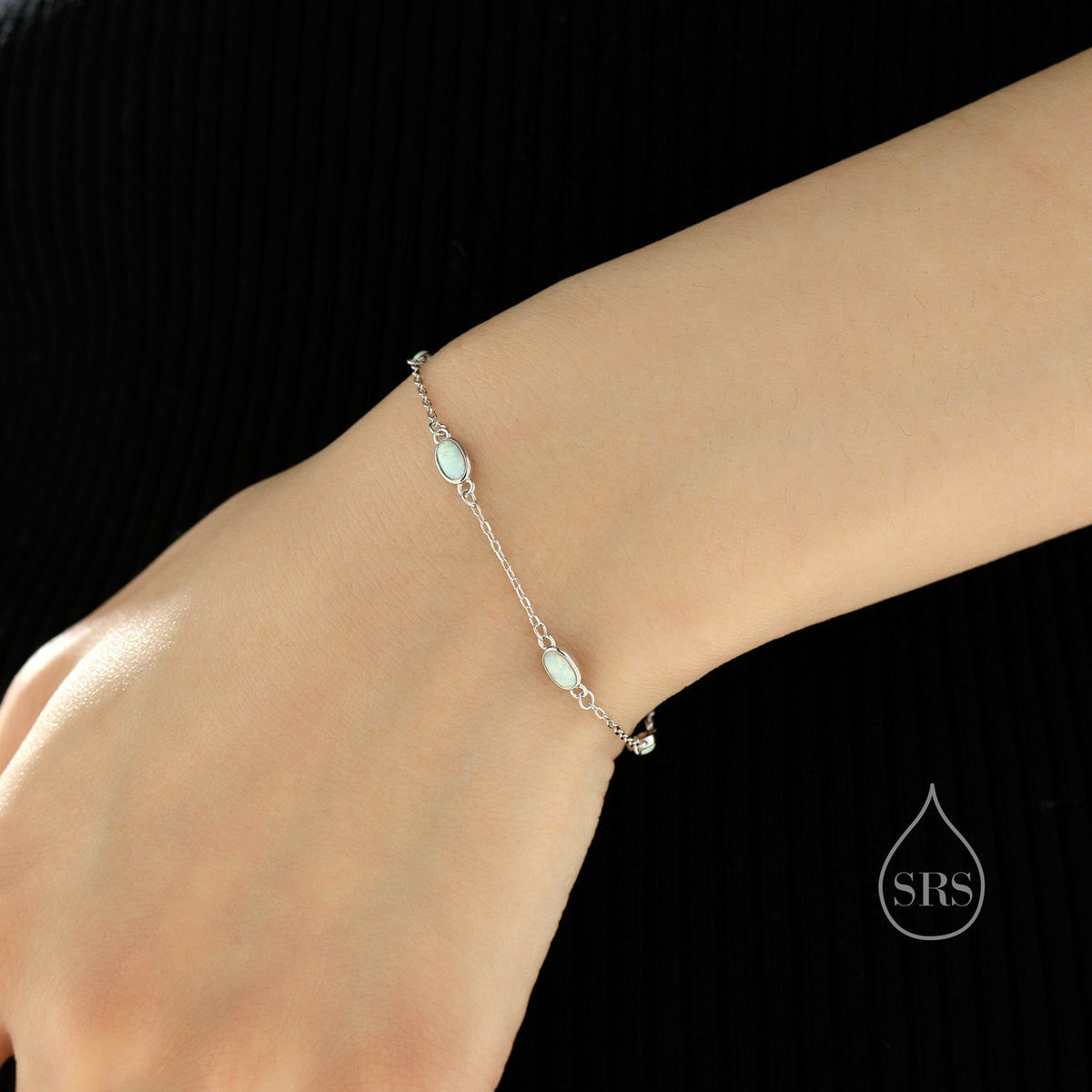 Delicate White Opal Oval Satellite Bracelet in Sterling Silver, Silver or Gold, Simulated Fire Opal Bracelet, Oval Opal Motif Bracelet