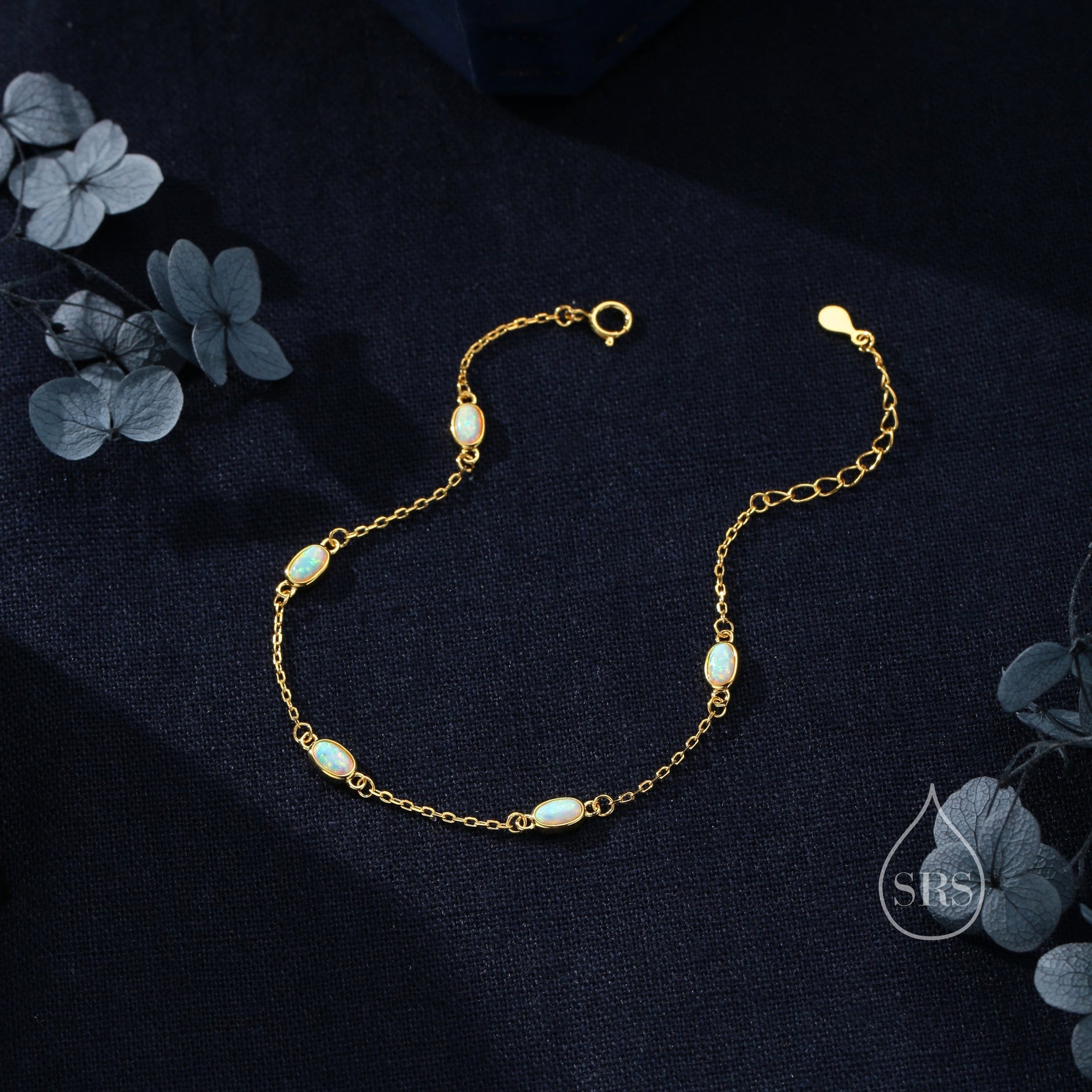 Delicate White Opal Oval Satellite Bracelet in Sterling Silver, Silver or Gold, Simulated Fire Opal Bracelet, Oval Opal Motif Bracelet