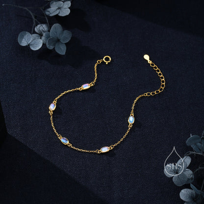 Oval Moonstone Satellite Bracelet in Sterling Silver, Silver or Gold, Simulated Moonstone Bracelet, Oval Moonstone Motif Bracelet