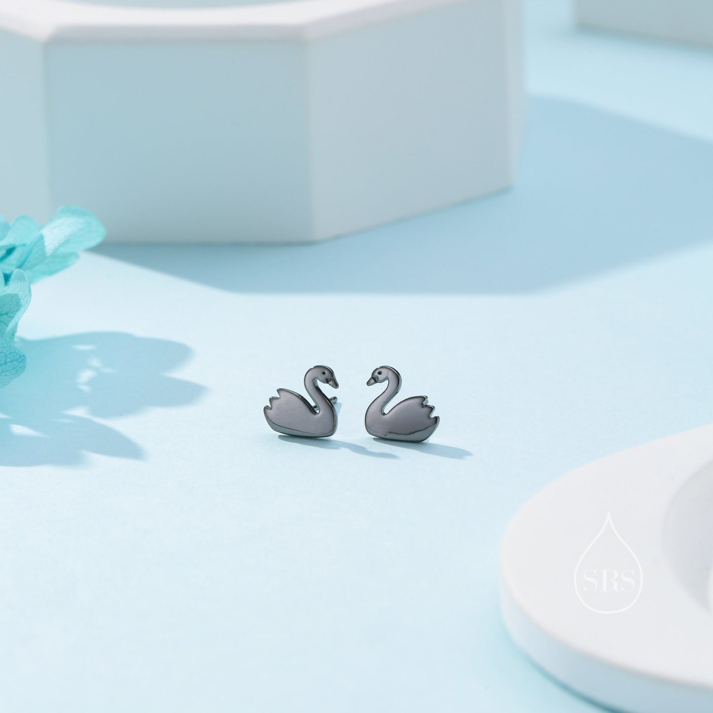 Black Swan Stud Earrings in Sterling Silver - Black Rhodium Coated Sterling Silver, Animal Stud Earrings - Bird Earrings