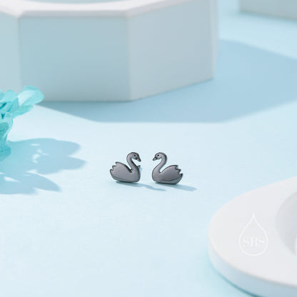Black Swan Stud Earrings in Sterling Silver - Black Rhodium Coated Sterling Silver, Animal Stud Earrings - Bird Earrings