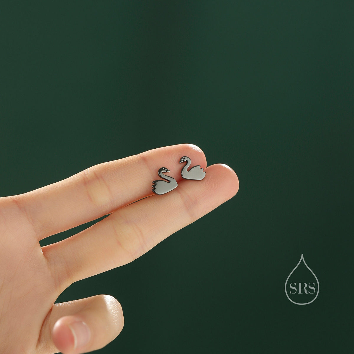 Black Swan Stud Earrings in Sterling Silver - Black Rhodium Coated Sterling Silver, Animal Stud Earrings - Bird Earrings