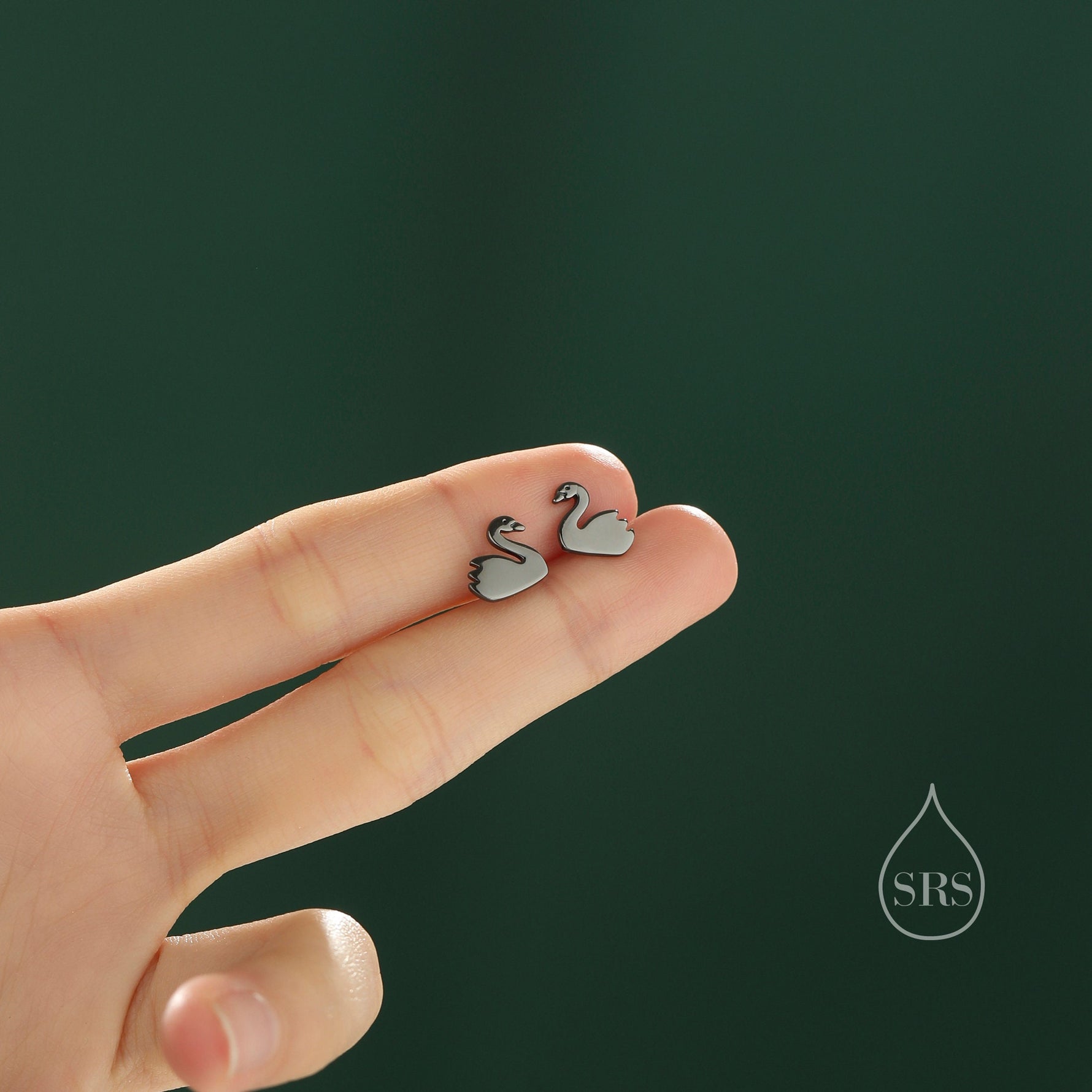 Black Swan Stud Earrings in Sterling Silver - Black Rhodium Coated Sterling Silver, Animal Stud Earrings - Bird Earrings