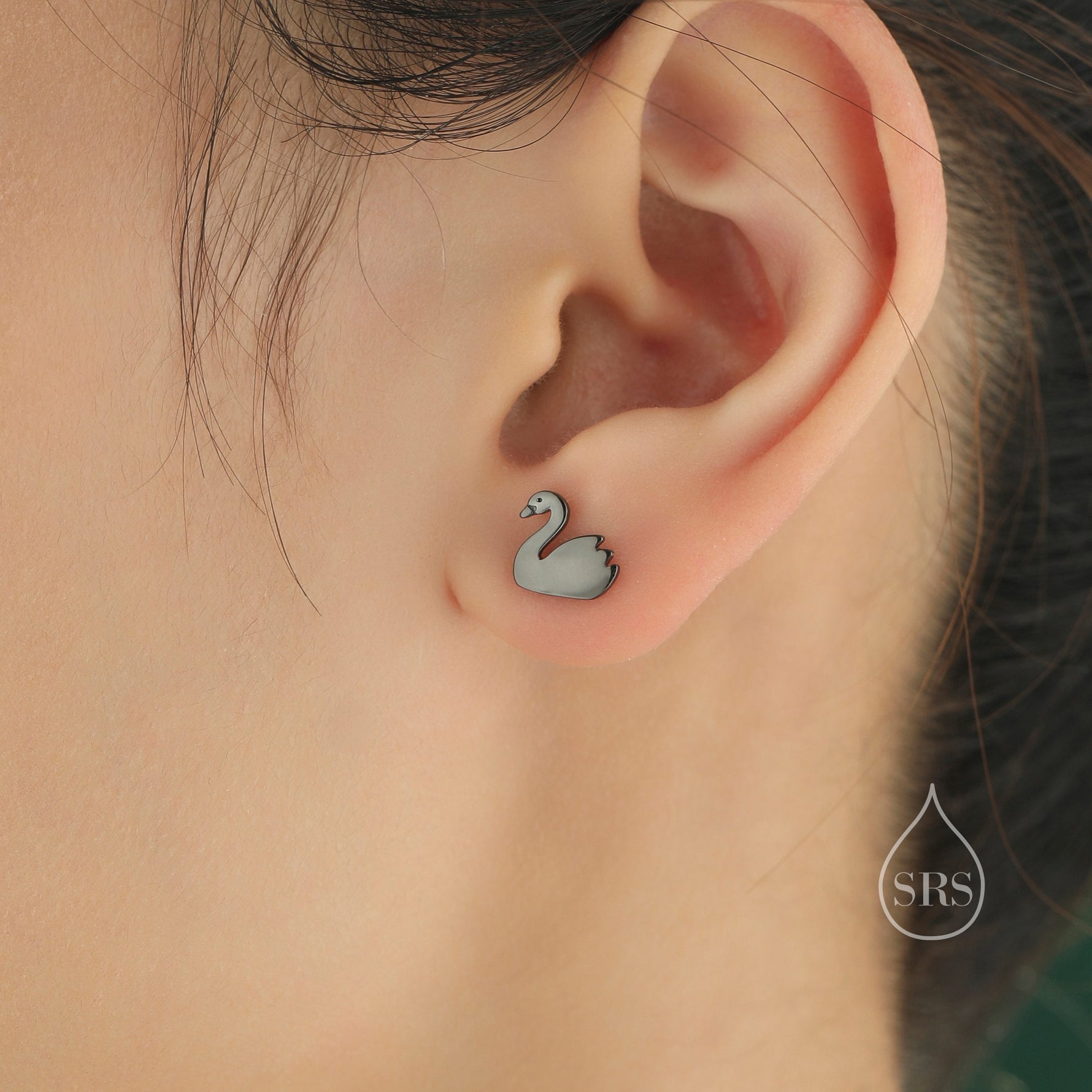 Black Swan Stud Earrings in Sterling Silver - Black Rhodium Coated Sterling Silver, Animal Stud Earrings - Bird Earrings