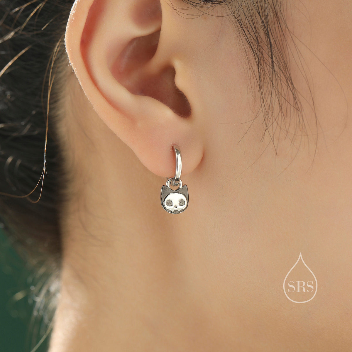 Schrodinger's Cat Asymmetric Huggie Hoop Earrings, Mismatched Black Cat Detachable Hoop Earrings in Sterling Silver, Black Rhodium Coated