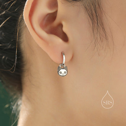 Schrodinger's Cat Asymmetric Huggie Hoop Earrings, Mismatched Black Cat Detachable Hoop Earrings in Sterling Silver, Black Rhodium Coated