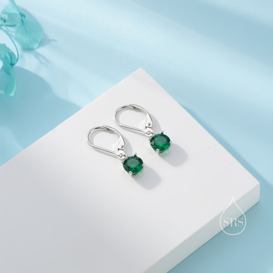 Emerald Green CZ Lever Back Hoop in Sterling Silver, 2 Sizes Available, 6mm or 6.5mm, Minimalist Simple Crystal Leverback Hoop Earrings