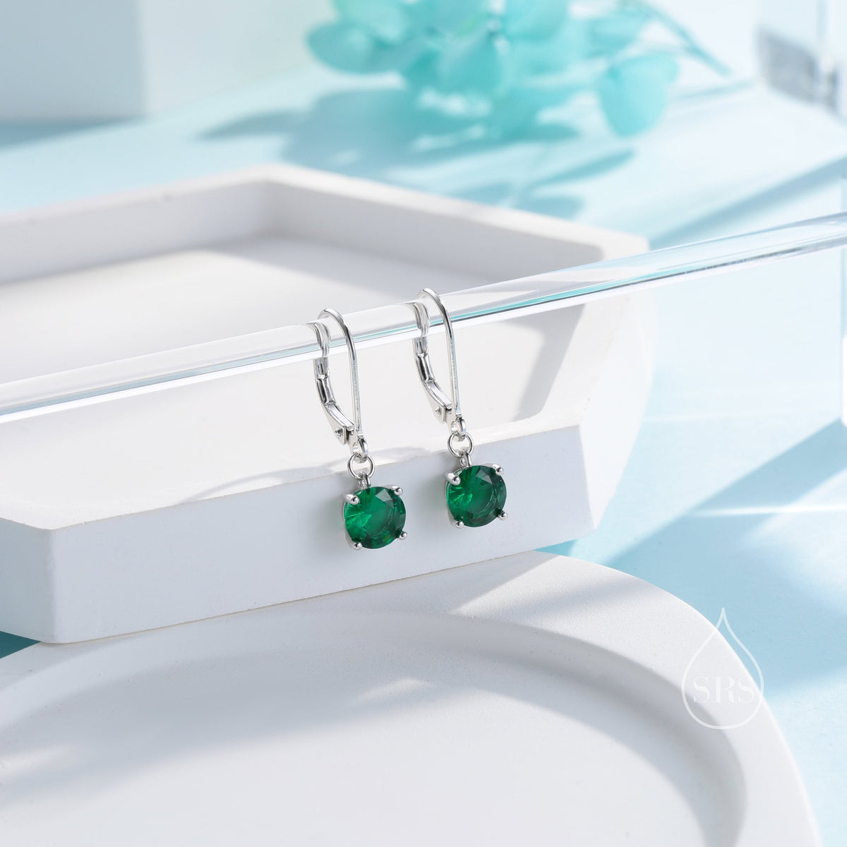 Emerald Green CZ Lever Back Hoop in Sterling Silver, 2 Sizes Available, 6mm or 6.5mm, Minimalist Simple Crystal Leverback Hoop Earrings