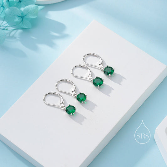 Emerald Green CZ Lever Back Hoop in Sterling Silver, 2 Sizes Available, 6mm or 6.5mm, Minimalist Simple Crystal Leverback Hoop Earrings