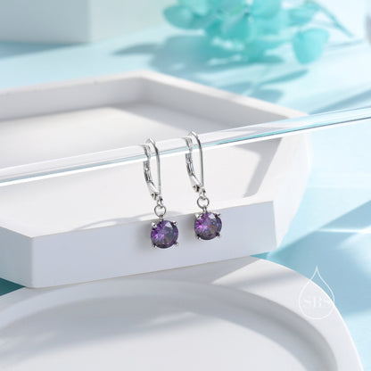 Amethyst Purple CZ Lever Back Hoop in Sterling Silver, 2 Sizes Available, 6mm or 6.5mm, Minimalist Simple Crystal Leverback Hoop Earrings