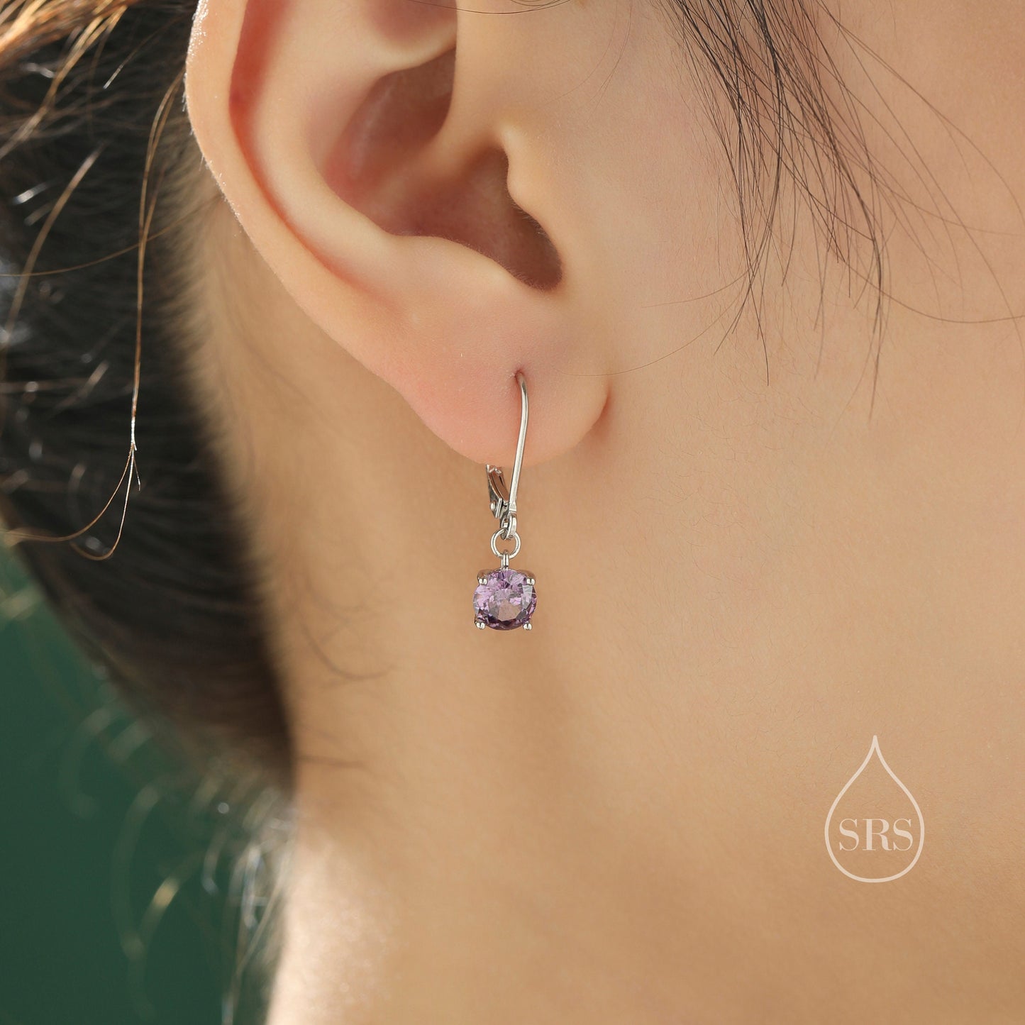 Amethyst Purple CZ Lever Back Hoop in Sterling Silver, 2 Sizes Available, 6mm or 6.5mm, Minimalist Simple Crystal Leverback Hoop Earrings