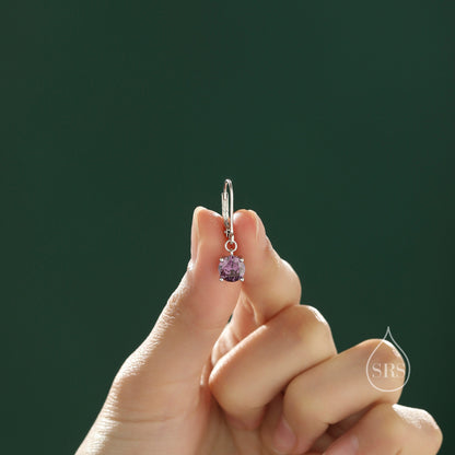 Amethyst Purple CZ Lever Back Hoop in Sterling Silver, 2 Sizes Available, 6mm or 6.5mm, Minimalist Simple Crystal Leverback Hoop Earrings