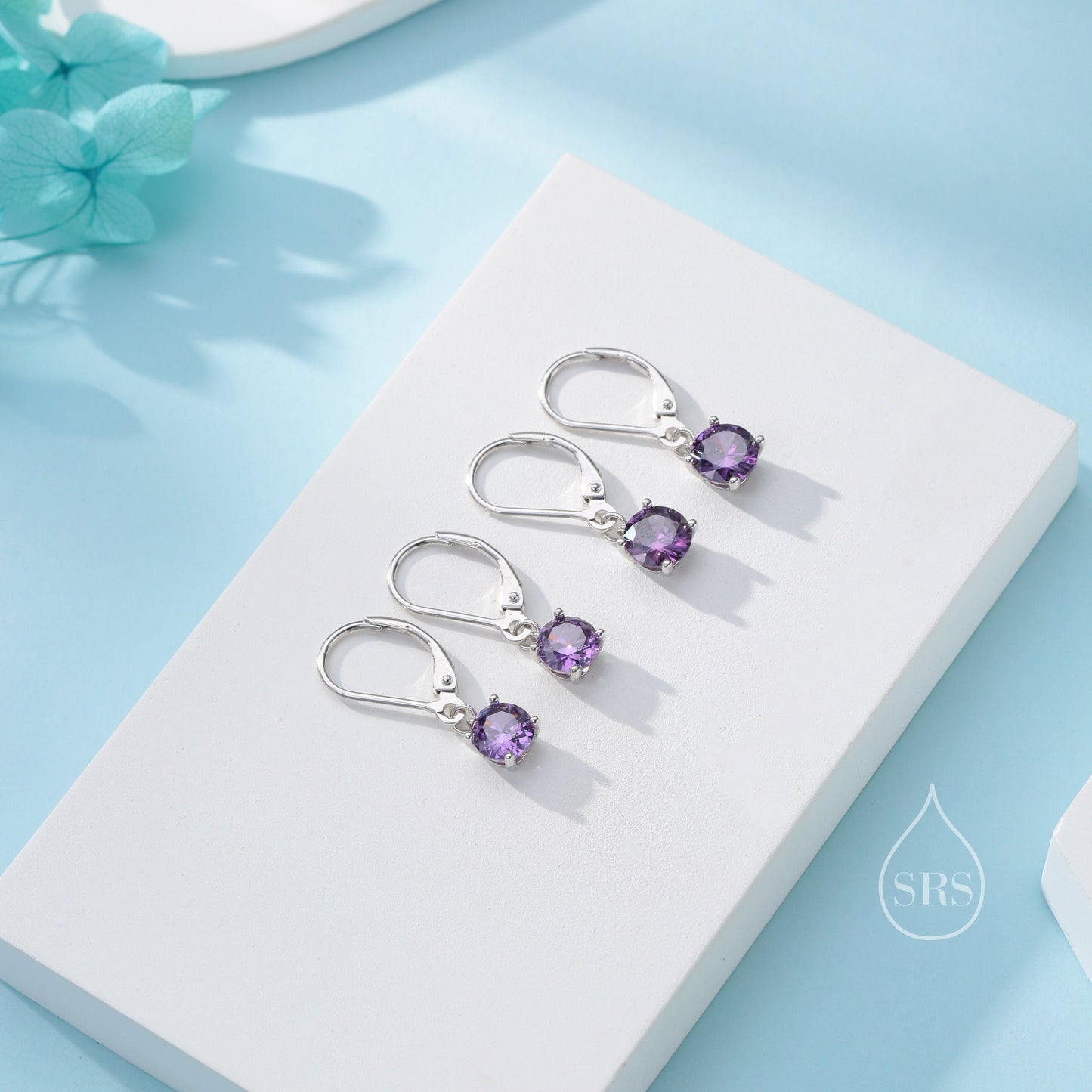 Amethyst Purple CZ Lever Back Hoop in Sterling Silver, 2 Sizes Available, 6mm or 6.5mm, Minimalist Simple Crystal Leverback Hoop Earrings
