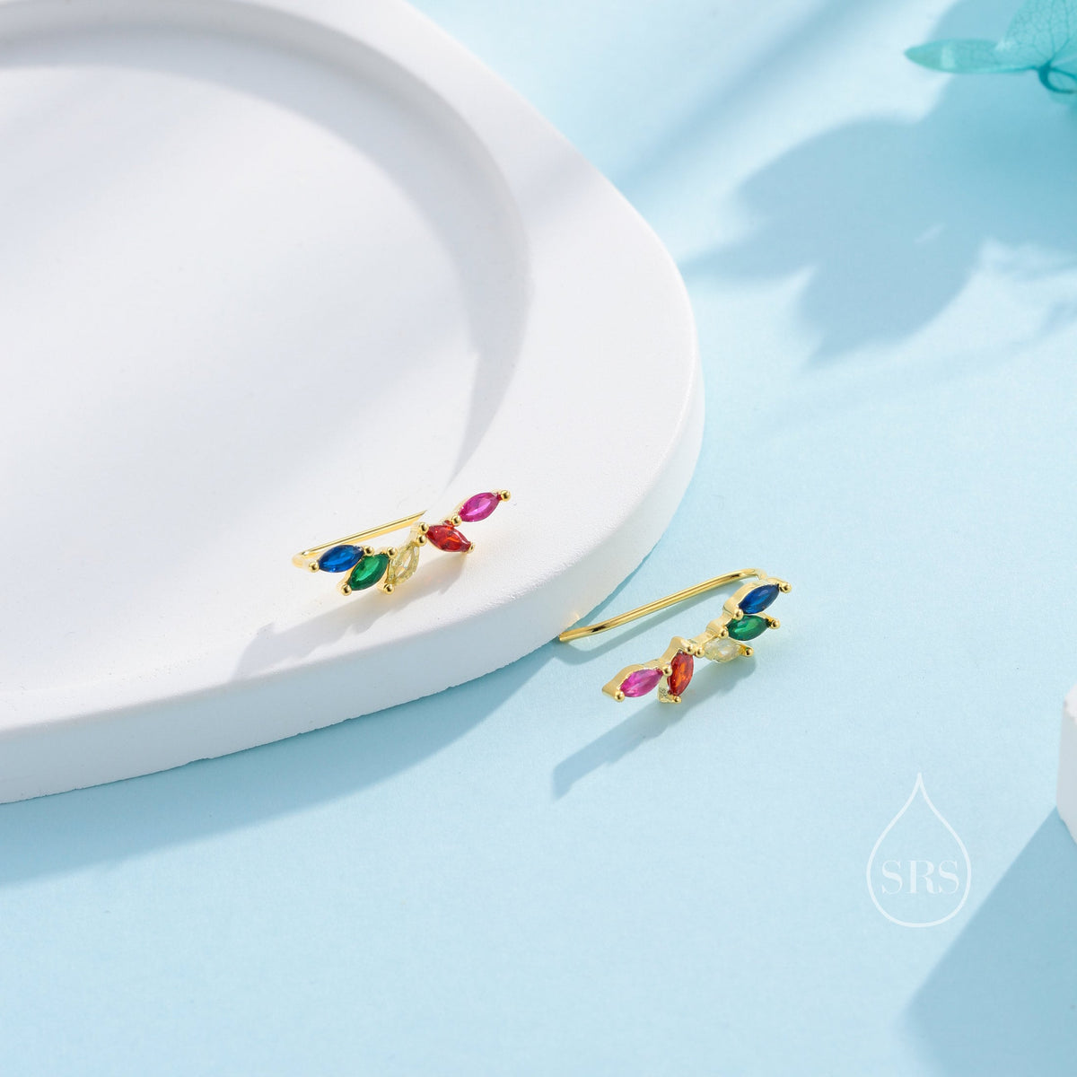 Rainbow Marquise CZ Cluster Crawler Earrings in Sterling Silver, Silver or Gold, Marquise CZ Cluster Crawler, Cluster Earrings