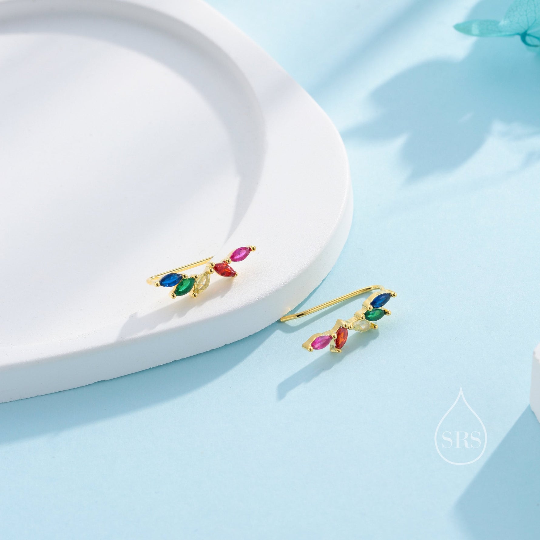 Rainbow Marquise CZ Cluster Crawler Earrings in Sterling Silver, Silver or Gold, Marquise CZ Cluster Crawler, Cluster Earrings