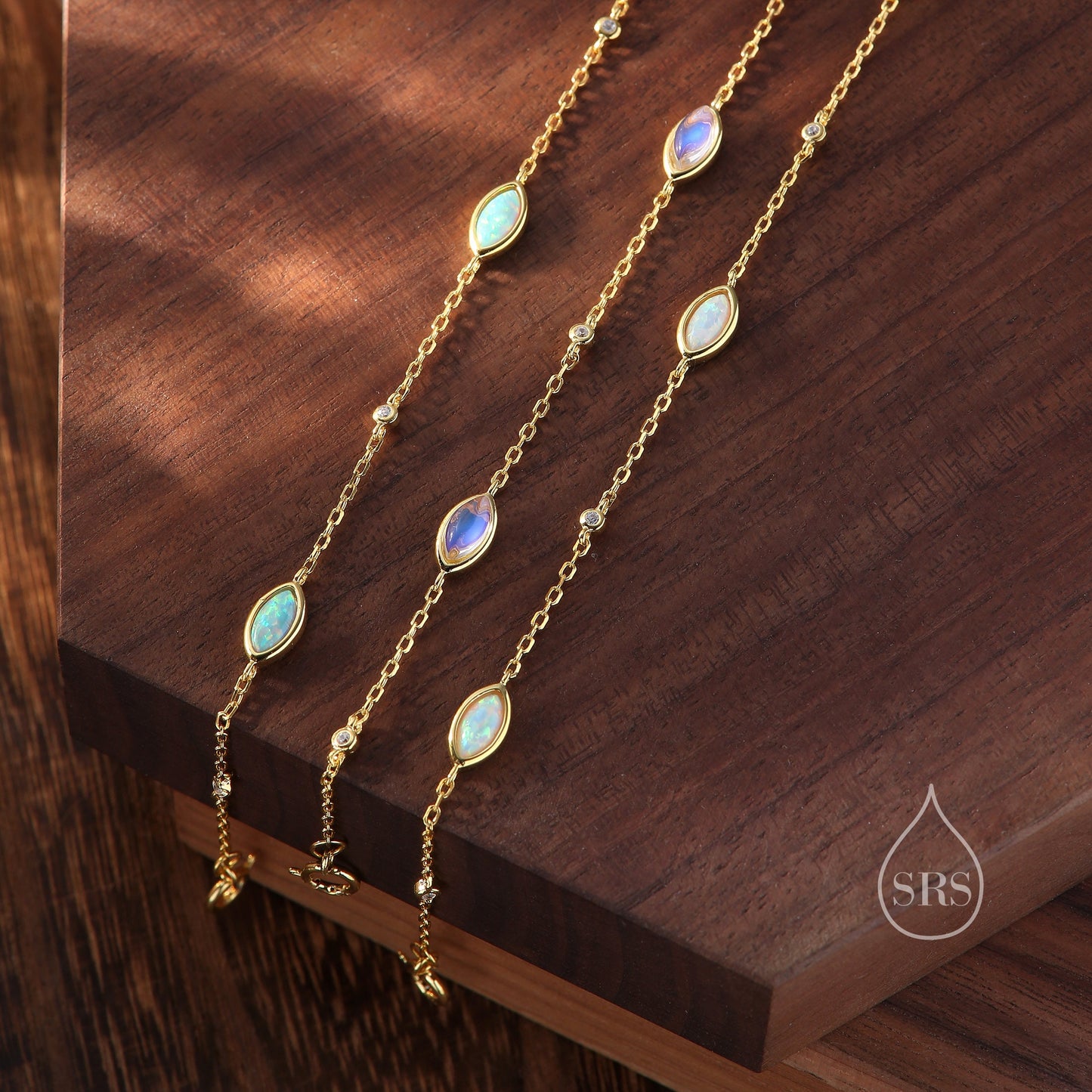 Moonstone Marquise Satellite Bracelet in Sterling Silver, Silver or Gold, Simulated Moonstone Bracelet, Marquise Moonstone Motif Bracelet