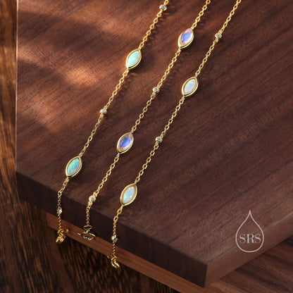 Moonstone Marquise Satellite Bracelet in Sterling Silver, Silver or Gold, Simulated Moonstone Bracelet, Marquise Moonstone Motif Bracelet