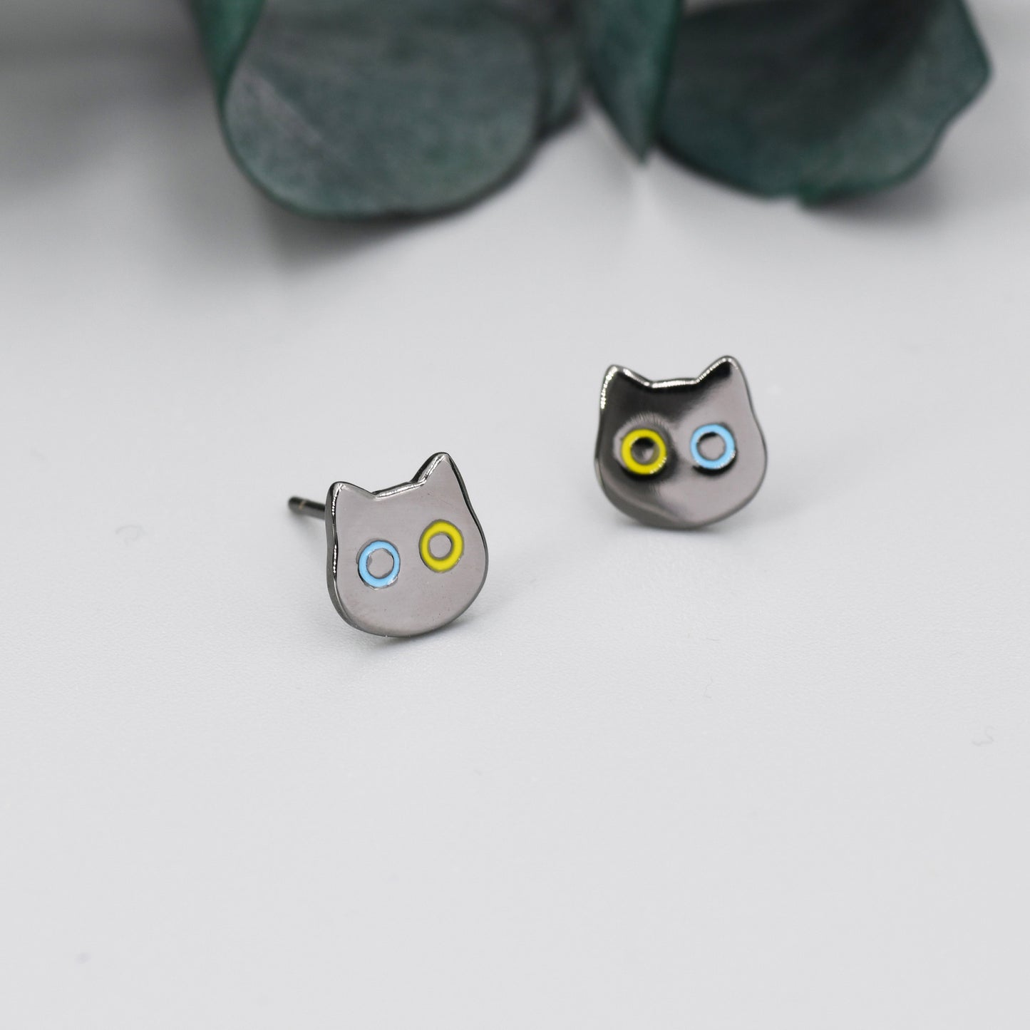 Black Odd-eyed Cat Stud Earrings in Sterling Silver, Black Rhodium Coated Cat Earrings, Cute Cat Earrings, Silver Cat Earrings,