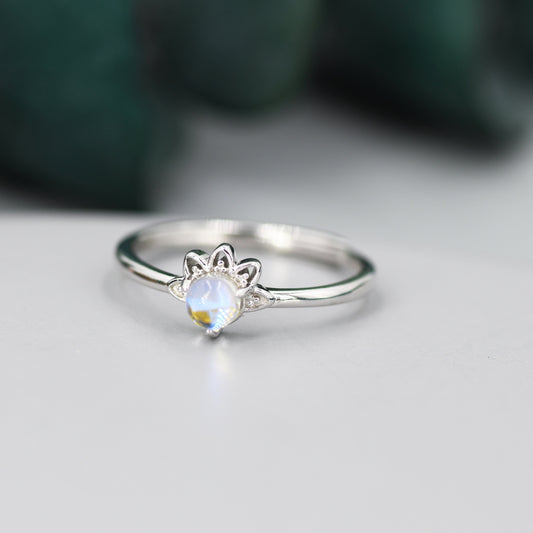 Sterling Silver Vintage Inspired Moonstone Crown Ring, Adjustable Size, Lab Moonstone Lotus Ring, Moonstone Lotus Flower Ring