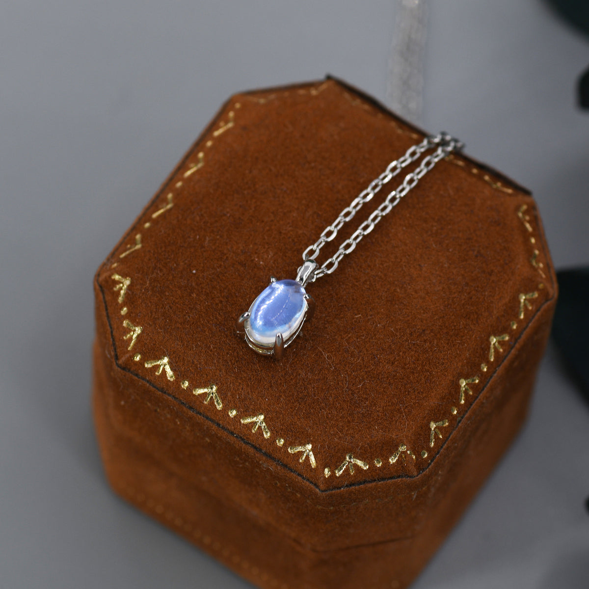 Oval Moonstone Pendant Necklace in Sterling Silver, Moonstone Necklace, 4x6mm Oval Shape Moonstone Necklace, Aurora Crystal, AB Crystal