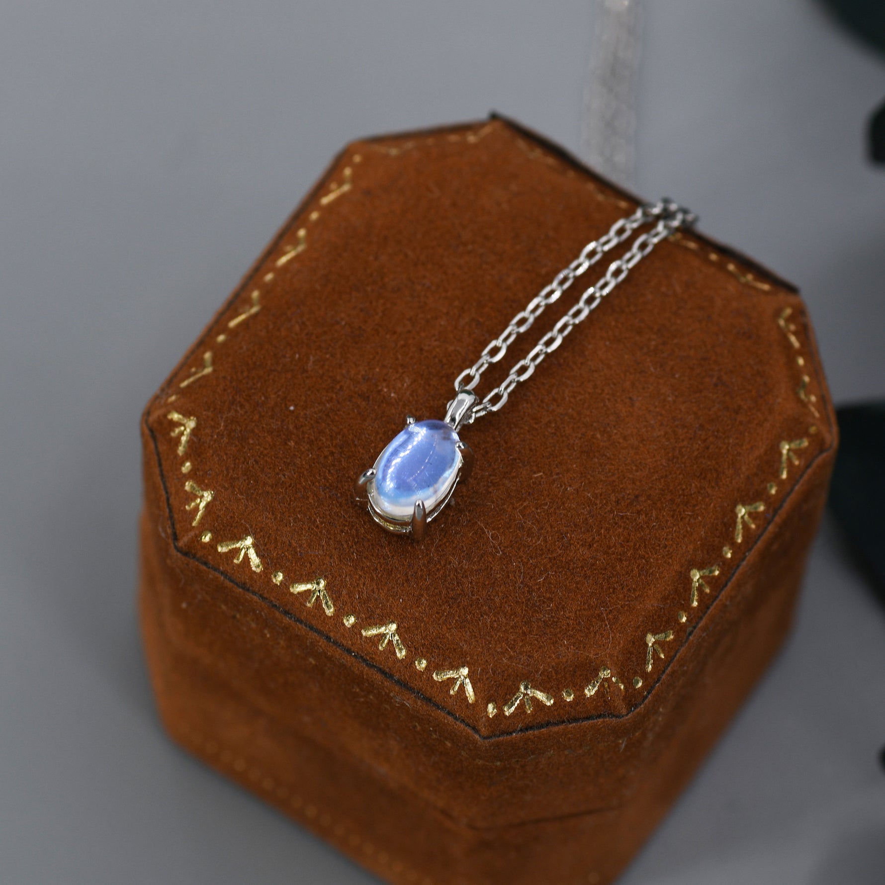 Oval Moonstone Pendant Necklace in Sterling Silver, Moonstone Necklace, 4x6mm Oval Shape Moonstone Necklace, Aurora Crystal, AB Crystal