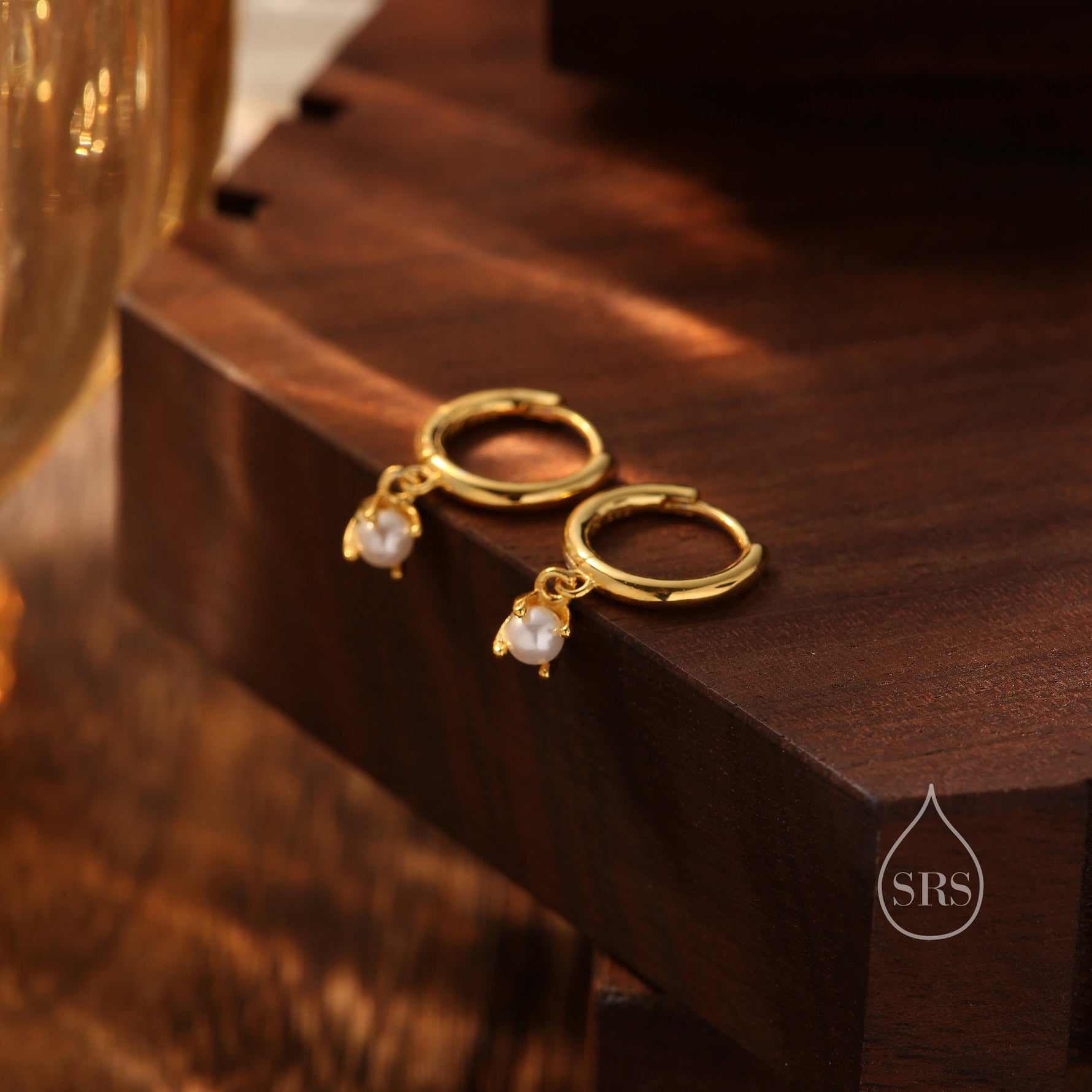 Tiny Mother of Pearl Huggie Hoop Earrings in Sterling Silver, 3mm or 4mm , Gold or Rose Gold, Simple Four Prong Pearl Dangle Earrings
