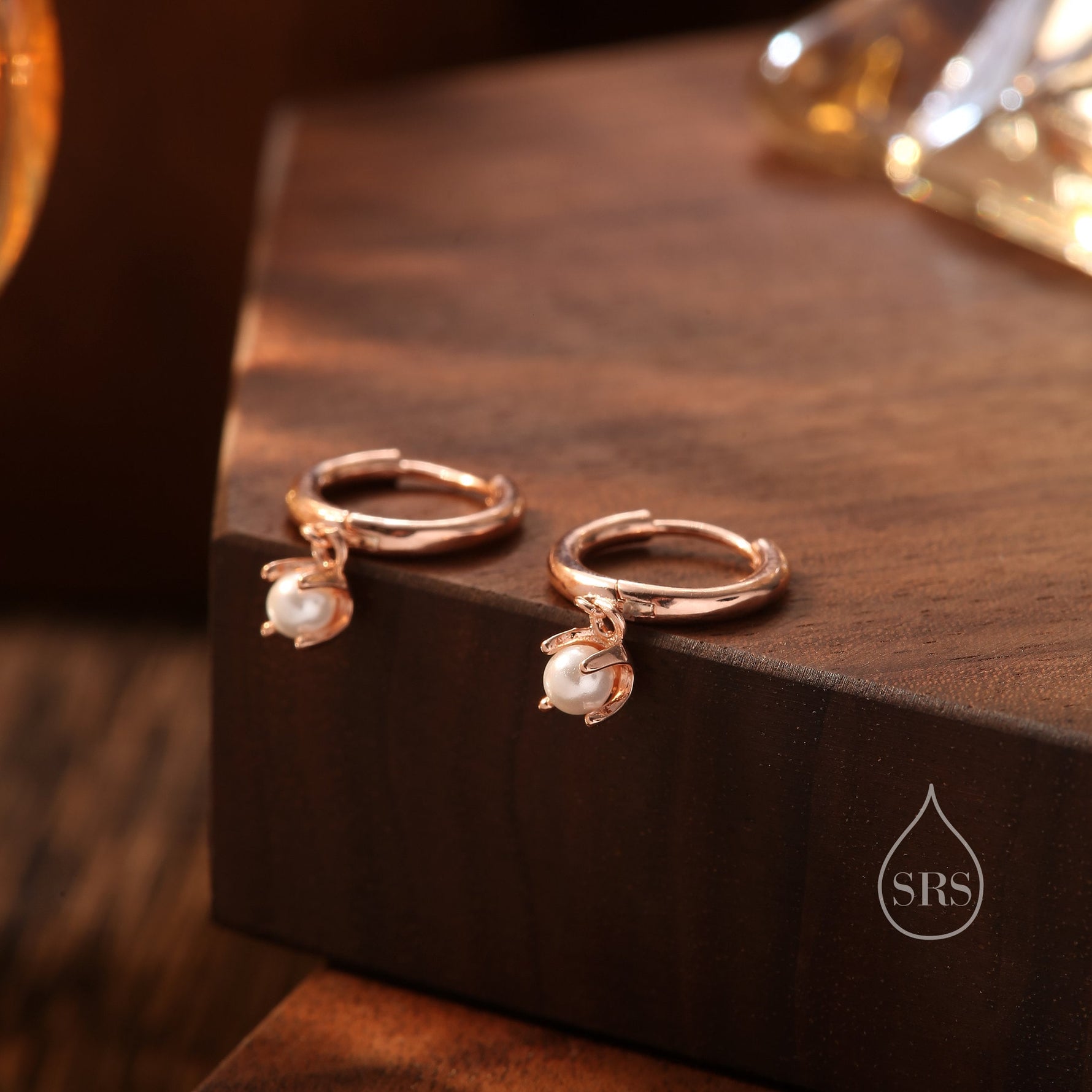 Tiny Mother of Pearl Huggie Hoop Earrings in Sterling Silver, 3mm or 4mm , Gold or Rose Gold, Simple Four Prong Pearl Dangle Earrings