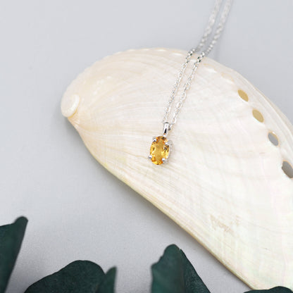 Extra Tiny Genuine Yellow Citrine Crystal Oval Pendant Necklace in Sterling Silver, 4x6 mm