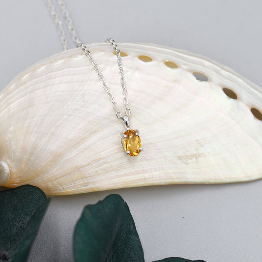 Extra Tiny Genuine Yellow Citrine Crystal Oval Pendant Necklace in Sterling Silver, 4x6 mm