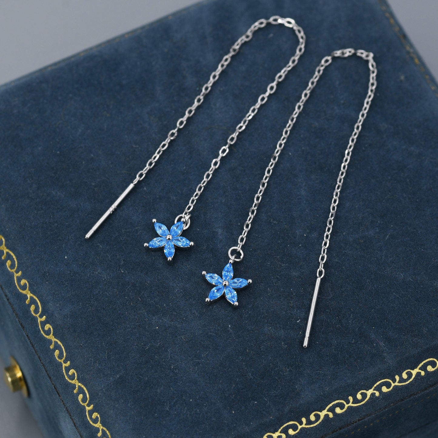 Aquamarine Blue CZ Flower Threader Earrings in Sterling Silver, Silver or Gold, Forget-me-not Floral Ear Threaders, Sparkly CZ Threaders