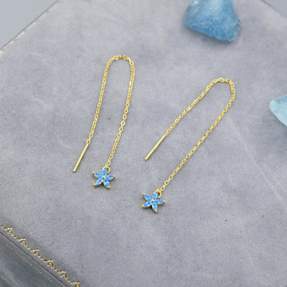 Aquamarine Blue CZ Flower Threader Earrings in Sterling Silver, Silver or Gold, Forget-me-not Floral Ear Threaders, Sparkly CZ Threaders