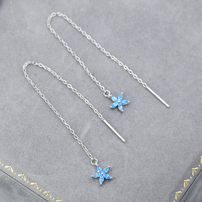 Aquamarine Blue CZ Flower Threader Earrings in Sterling Silver, Silver or Gold, Forget-me-not Floral Ear Threaders, Sparkly CZ Threaders