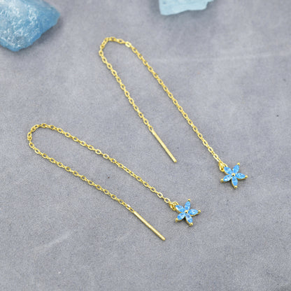 Aquamarine Blue CZ Flower Threader Earrings in Sterling Silver, Silver or Gold, Forget-me-not Floral Ear Threaders, Sparkly CZ Threaders